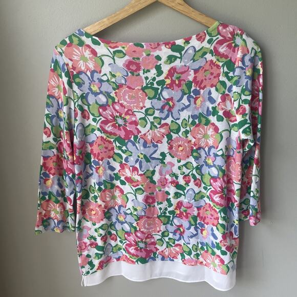 Talbots Floral Chiffon Hem Top Sweater Sz Small Petite 3/4 Sleeve Cotton Rayon - Picture 3 of 6